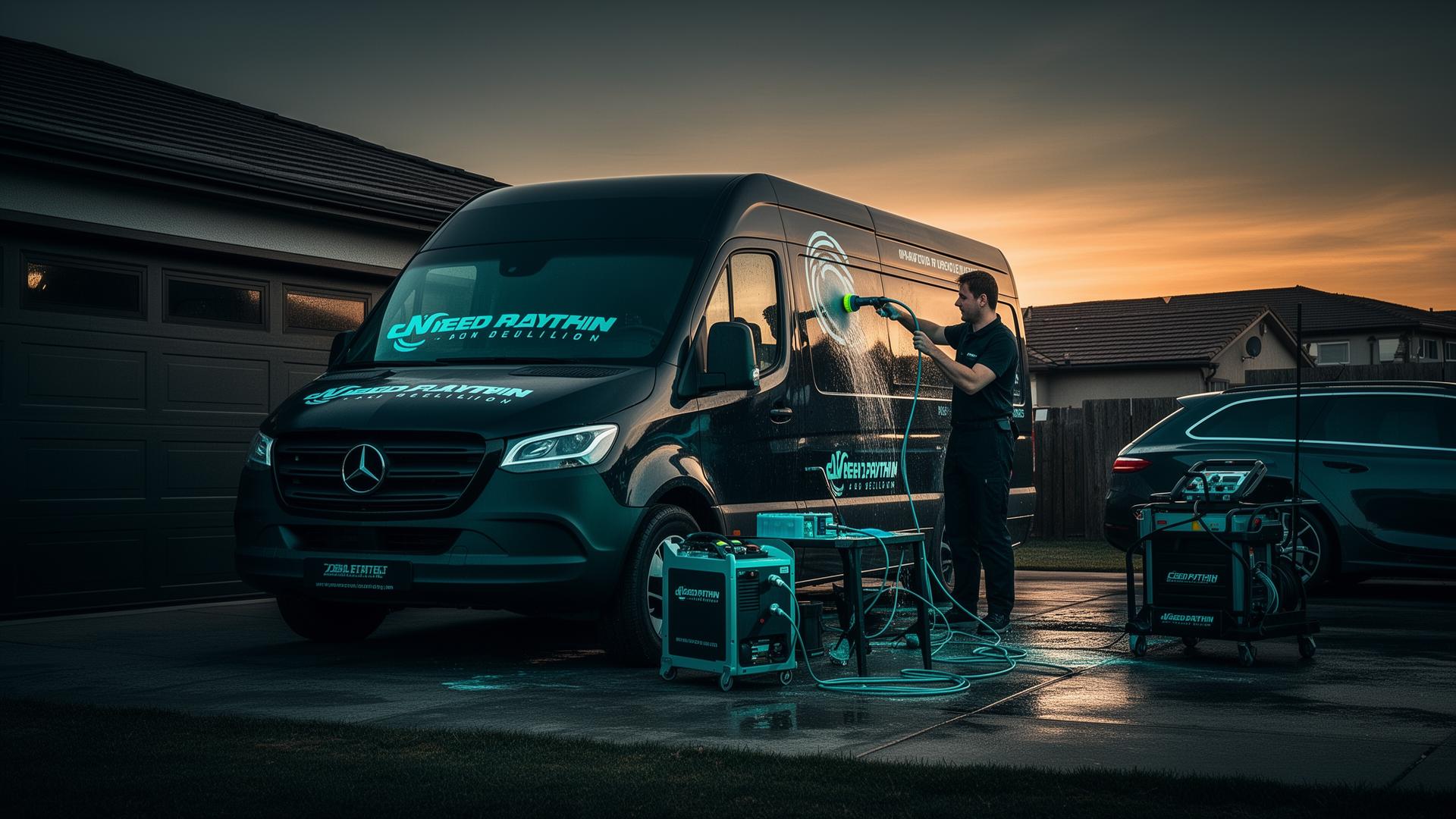 Mobile detailing van servicing a car in a customer driveway
